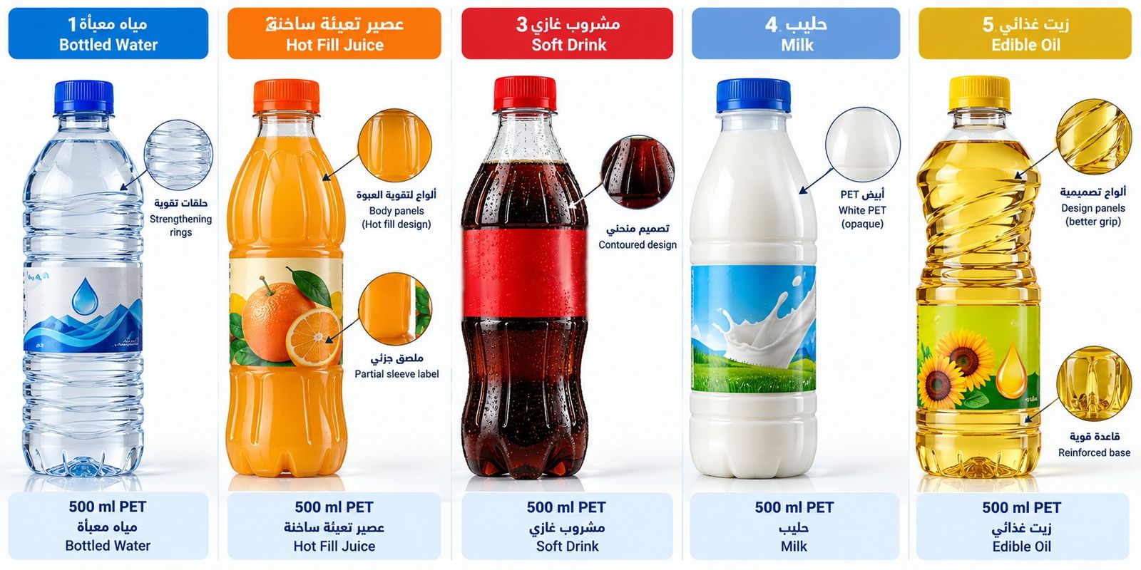 خمس عبوات PET سعة 500 مل: مياه، عصير تعبئة ساخنة، مشروب غازي، حليب، وزيت غذائي، مع تسمية خصائص التصميم في كل حالة